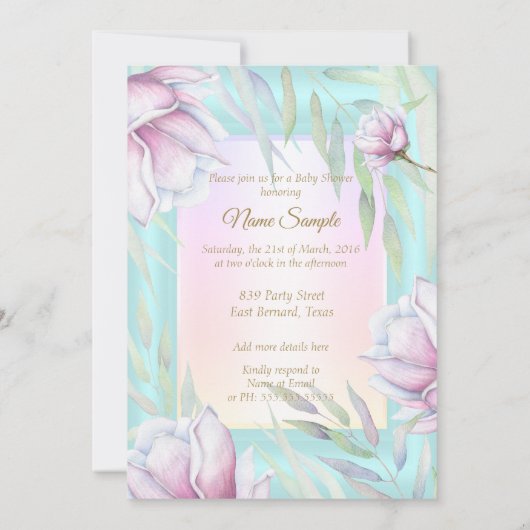 プリンセスベビーシャワーティール（緑がかった色）ピンク薄紫フローラ 招待状 (裏面)