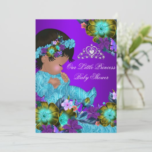 プリンセスベビーシャワーティール（緑がかった色）ブルーパープルガール招待状 招待状 (スタンド正面)