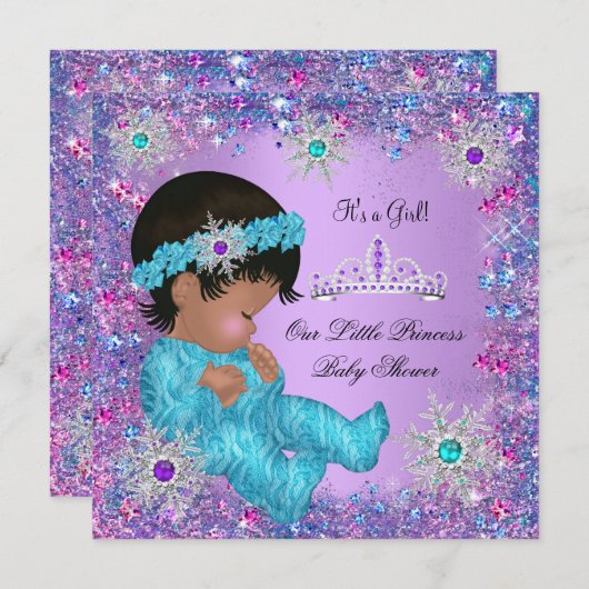 プリンセスベビーシャワーティール（緑がかった色）ブルーパープルピンクエスニック 招待状 (正面/裏面)
