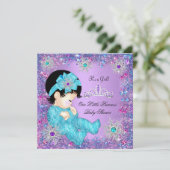 プリンセスベビーシャワーティール(緑がかった色)ブルーパープルピンクブルネット 招待状 (スタンド正面)