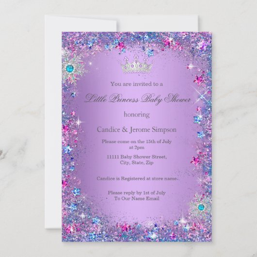 プリンセスベビーシャワーパープルティール(緑がかった色)ブルーピンク 招待状 (裏面)
