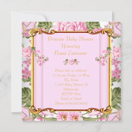 プリンセスベビーシャワーピンクのローズフローラブルネット 招待状 (裏面)