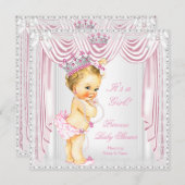プリンセスベビーシャワーピンクサテンレースライトスキン 招待状 (正面/裏面)
