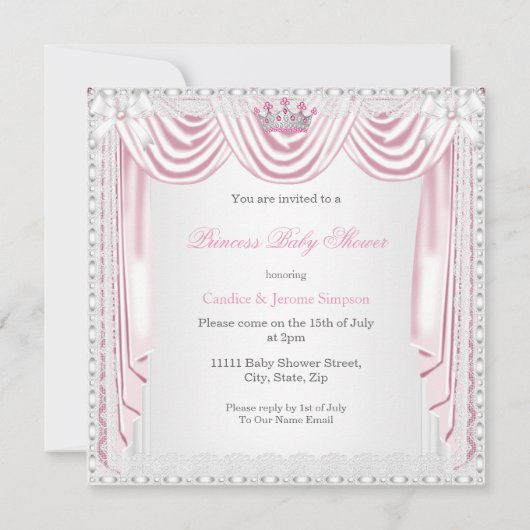 プリンセスベビーシャワーピンクサテンレースライトスキン 招待状 (裏面)