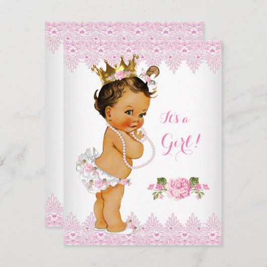 プリンセスベビーシャワーピンクローズレースホワイトブルネット 招待状 (正面/裏面)