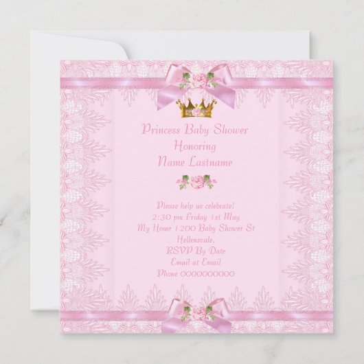 プリンセスベビーシャワーピンクローズレースボウ 招待状 (裏面)