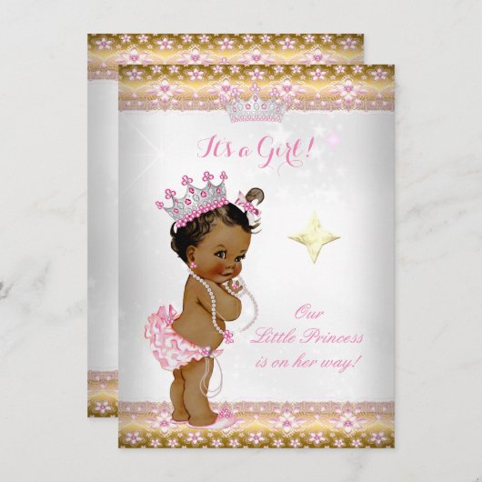 プリンセスベビーシャワーピンク白金ゴールドティアラ民族 招待状 (正面/裏面)