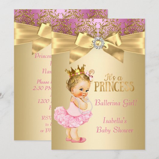 プリンセスベビーシャワーピンク金ゴールドバレリナブロンド 招待状 (正面/裏面)