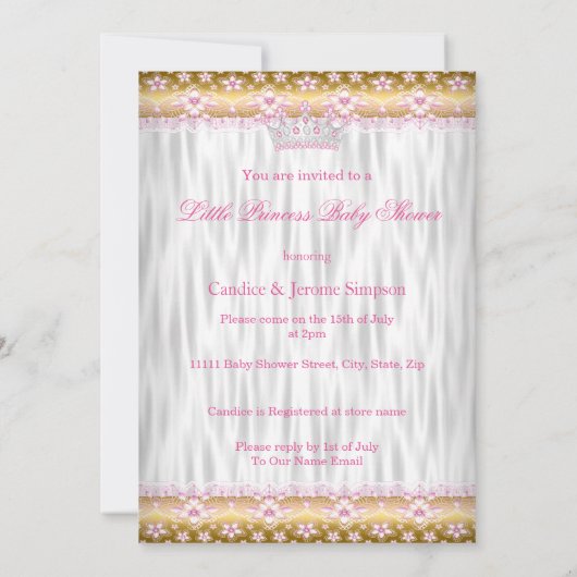 プリンセスベビーシャワーピンク金ゴールドホワイトキャリッジ 招待状 (裏面)