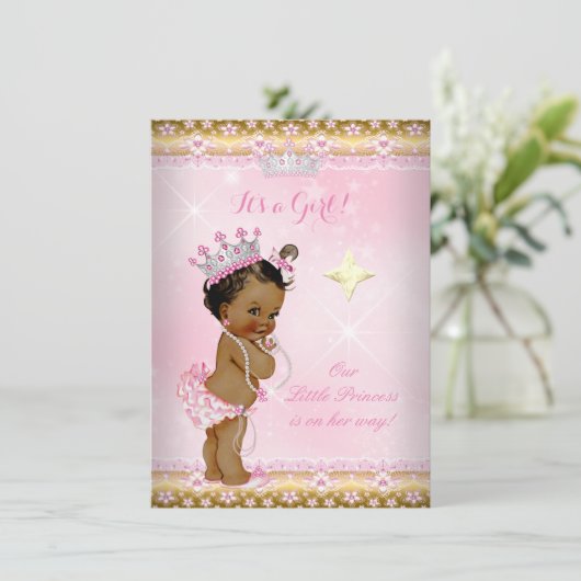 プリンセスベビーシャワーピンク金ゴールドレースティアラエスニック 招待状 (スタンド正面)