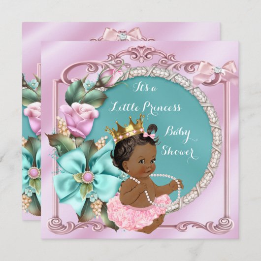 プリンセスベビーシャワーフローラティール（緑がかった色）ピンクエスニック 招待状 (正面/裏面)