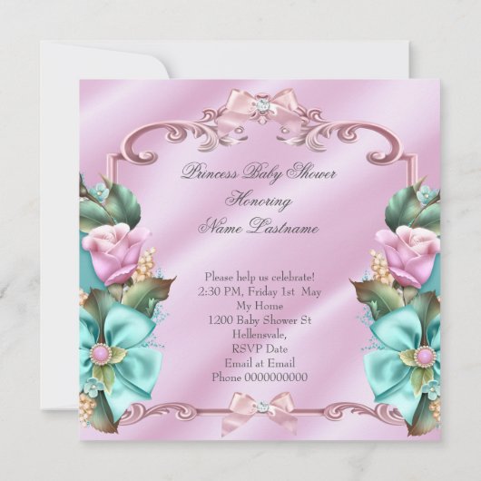 プリンセスベビーシャワーフローラティール（緑がかった色）ピンクエスニック 招待状 (裏面)