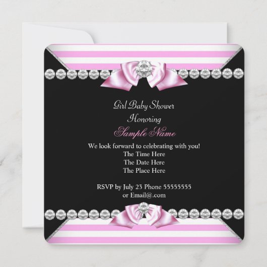 プリンセスベビーシャワーブラックピンクストライプのダイヤモンド 招待状 (裏面)