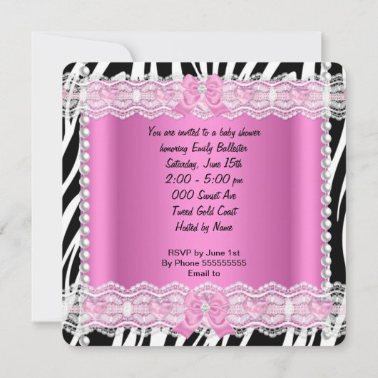 プリンセスベビーシャワーベビーガールピンクゼブラ2 招待状 (裏面)
