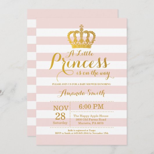 プリンセスベビーシャワー招待状ピンクと金ゴールド 招待状 (正面/裏面)