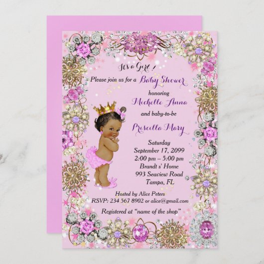プリンセスベビーシャワー招待状、リトルプリンセス。 招待状 (正面/裏面)