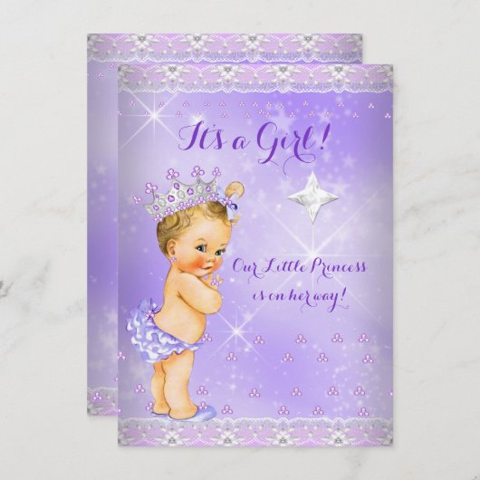 プリンセスベビーシャワー薄紫ラベンダーティアラブロンド 招待状 (正面/裏面)