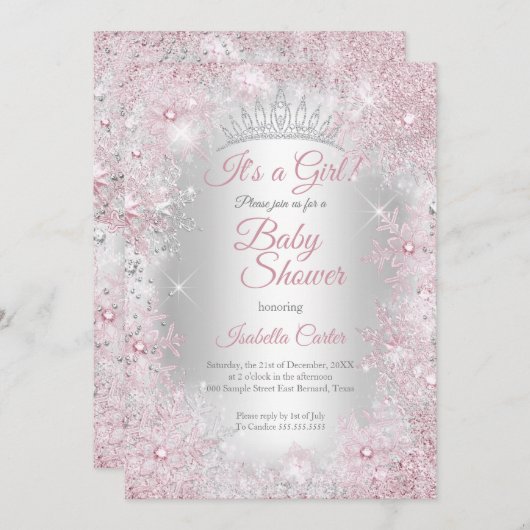 プリンセスベビーシャワー赤面ピンクウィンターワンダーランド 招待状 (正面/裏面)