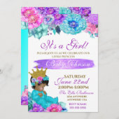 プリンセスベビーパープルエレガントティール（緑がかった色）金ゴールドベビーシャワー 招待状 (正面/裏面)