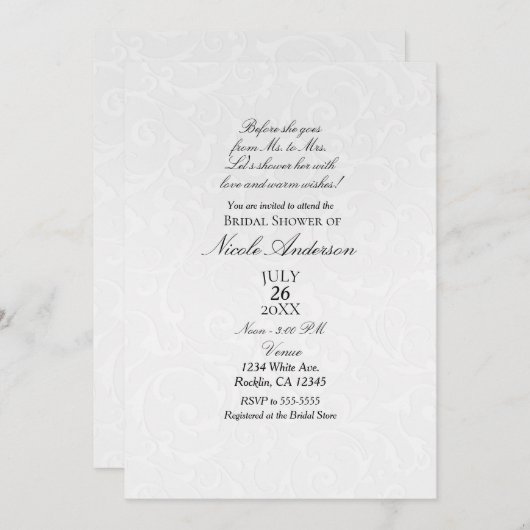 プリンセスホワイトダマスクストーリーブックブライダルシャワー 招待状 (正面/裏面)