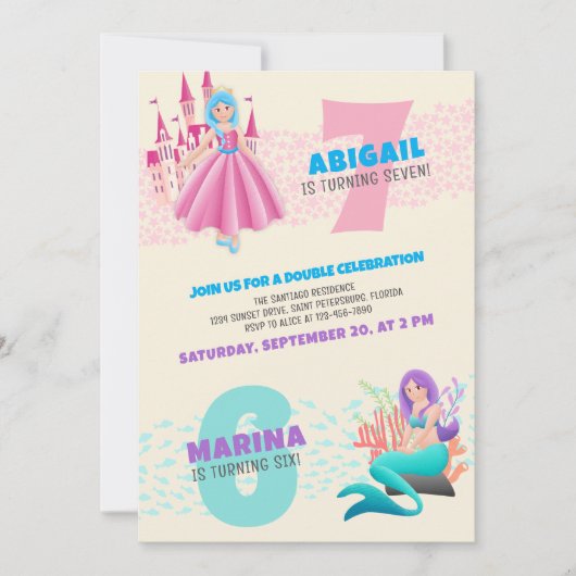 プリンセスマーメイドジョイントダブル誕生日招待状 招待状 (正面)