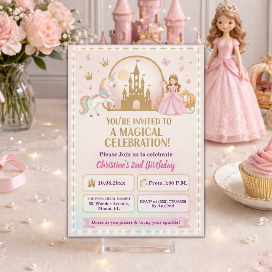 プリンセスユニコーンゴールドキャッスル2歳の誕生日パーティー 招待状