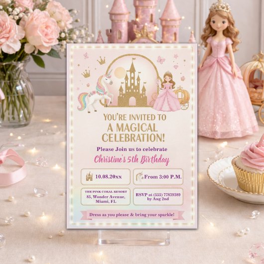 プリンセスユニコーンゴールドキャッスル5歳誕生日パーティー 招待状