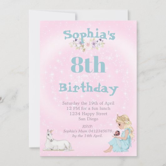 プリンセスユニコーンスターズピンクカワイエージ誕生日 招待状 (正面)