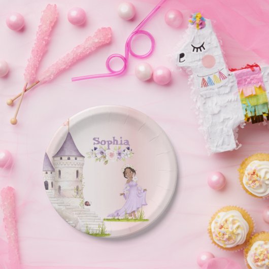 プリンセスユニコーンダークヘアパープルかわいい誕生日 ペーパープレート (パーティー)