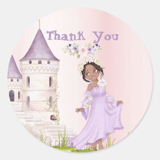 プリンセスユニコーンダークヘアパープルキュートサンキュー ラウンドシール (正面)