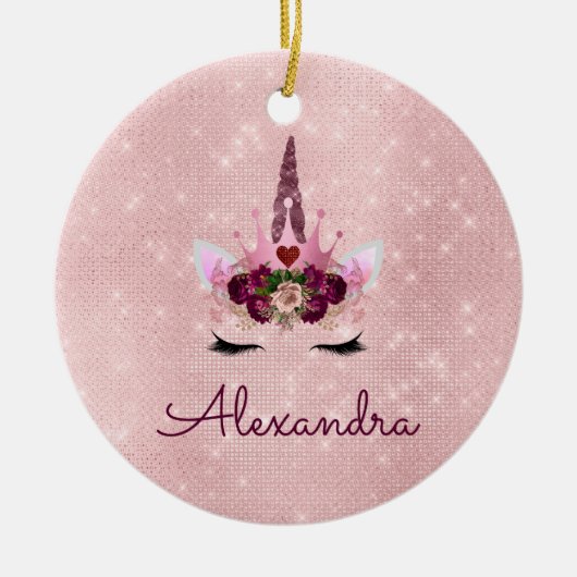 プリンセスユニコーンバラ金ゴールド-赤面ピンク セラミックオーナメント (正面)