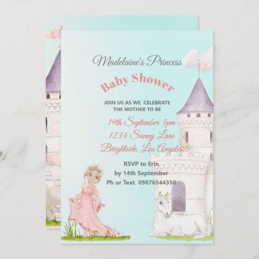 プリンセスユニコーンピンクブルーベイビーガールシャワー招待状 招待状 (正面/裏面)