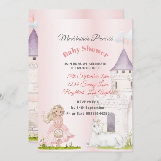 プリンセスユニコーンピンクベビーガールシャワー 招待状 (正面/裏面)