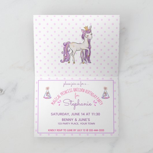 プリンセスユニコーンモダン水ガーリー色誕生日 招待状 (内部)