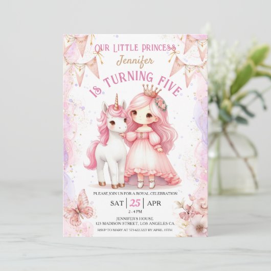 プリンセスユニコーン5th誕生日ガールピンク招待状 招待状 (スタンド正面)
