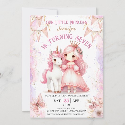 プリンセスユニコーン7誕生日ガールピンク招待状 招待状 (正面)