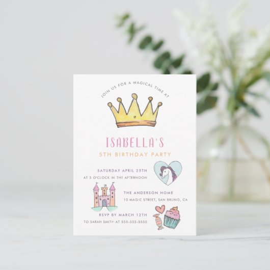 プリンセスユニコーン＆城のフェアリーテイル誕生日パーティー インビテーションポストカード (スタンド正面)