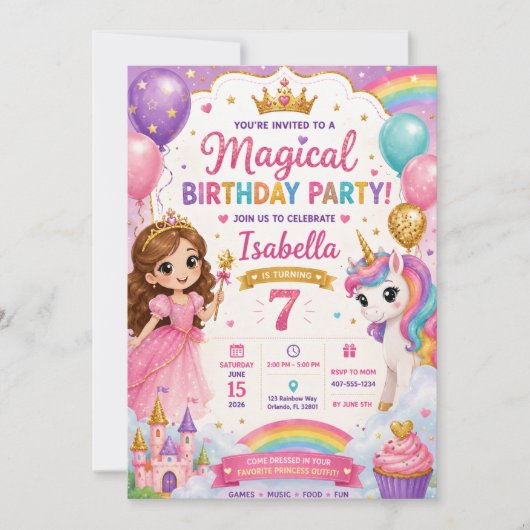 プリンセスユニコーン 誕生日パーティー招待状 | マジック 招待状 (正面)