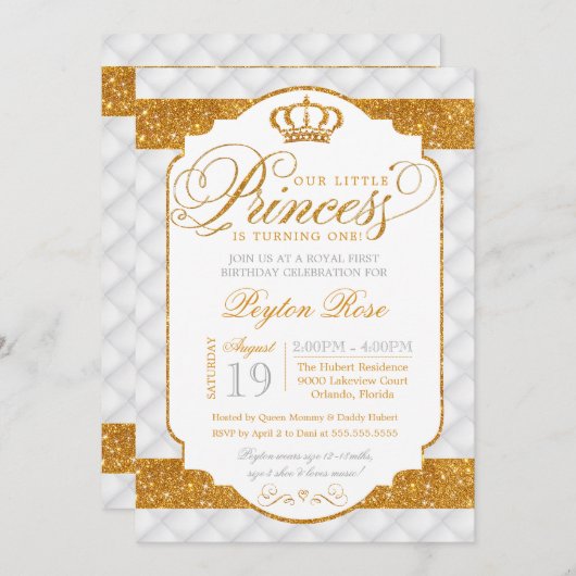 プリンセスラグジュアリーホワイト金ゴールド誕生日招待状 招待状 (正面/裏面)
