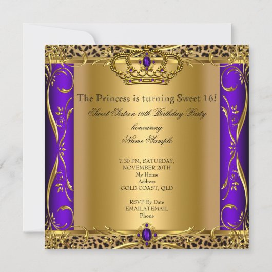 プリンセスリーガルパープルヒョウ甘い16パーティー 招待状 (裏面)