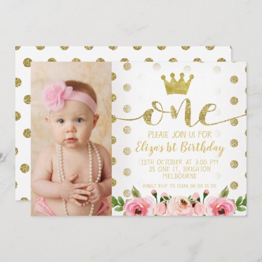 プリンセス写真1歳の誕生日パーティの招待状 招待状 (正面/裏面)