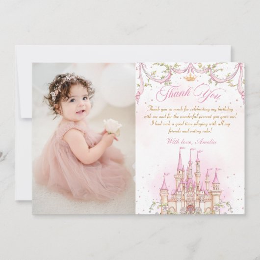 プリンセス城の少女誕生日写真感謝カード サンキューカード (正面)