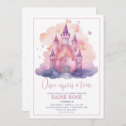 プリンセス城の誕生日パーティーの招待 招待状 (正面/裏面)