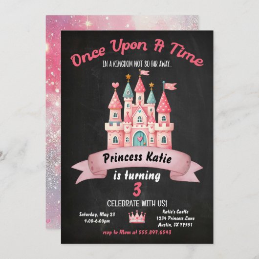プリンセス城の誕生日招待状 ピンクでかわいい 招待状 (正面/裏面)