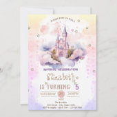 プリンセス城の雲、星のパステル誕生日 招待状 (正面)