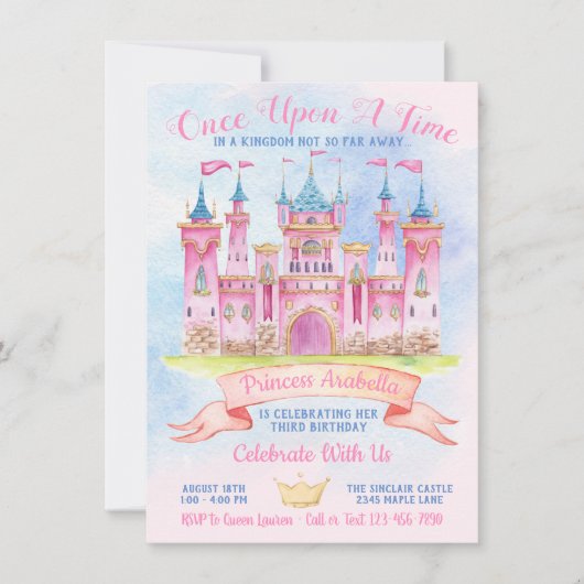 プリンセス城任意の番号プリンセス誕生日パーティー 招待状 (正面)