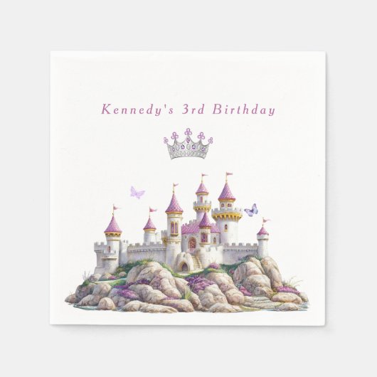 プリンセス城 シルバークラウン ピンクの宝石 蝶 スタンダードカクテルナプキン (正面)