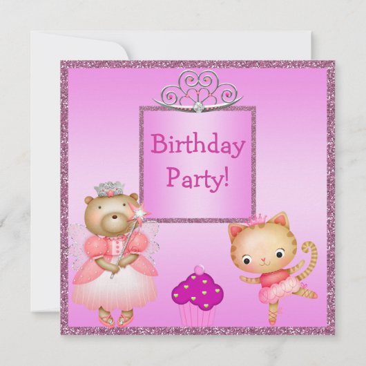 プリンセス子猫及びくま、ティアラ及びグリッターの招待 招待状 (裏面)