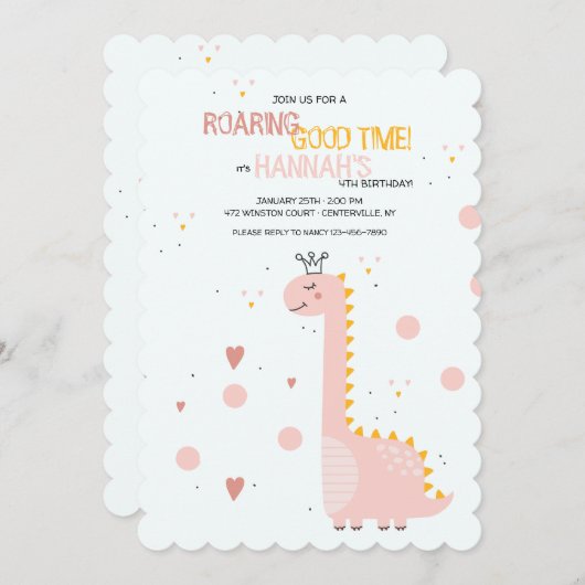 プリンセス恐竜の誕生日パーティーの招待状 招待状 (正面/裏面)