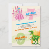 プリンセス恐竜ジョイント二重誕生日招待状 招待状 (正面)